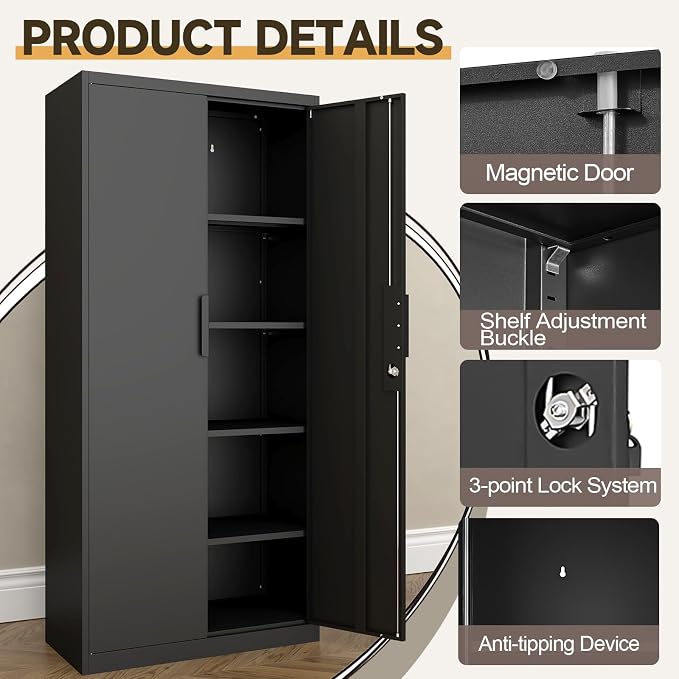 GREATMEET Metal Garage Storage Cabinets with Lock Door and Adjustable Shelves, 71'' x 32'' x 17'' Black Steel Tool Cabinets for Home Office Warehouse
