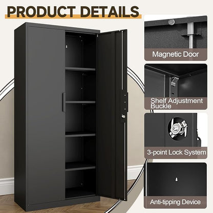 GREATMEET Metal Garage Storage Cabinets with Lock Door and Adjustable Shelves, 71'' x 32'' x 17'' Black Steel Tool Cabinets for Home Office Warehouse