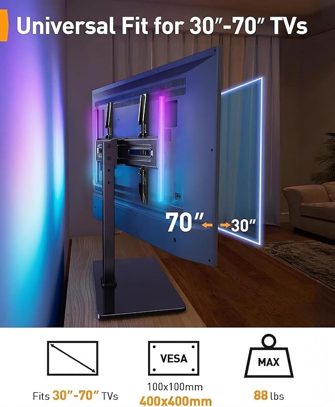 Perlegear Universal Swivel TV Stand with LED Lights for 30–70 inch TVs, Height Adjustable Table Top TV Stand with Tilt, Tempered Glass Base, Holds up to 88 lbs, Max VESA 400x400mm, PGTVS32B
