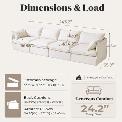 Cloud Modular Sofa, Oversized Deep Seat Comfort, Linen Blend | Fully Removable Washable Covers, Memory Foam Seat Cushions, Premium Fabric