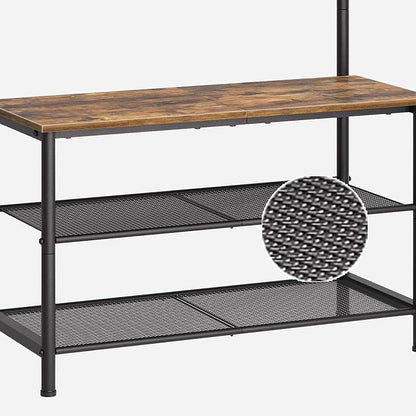 YATINEY Hall Tree, Coat Rack with Shoe Bench, 4-in-1 Entryway Bench with Storage Shelves, Hanging Rod and 8 Movable Hooks, Hall Tree with Storage Bench for Hallway, Rustic Brown and Black MT02BR