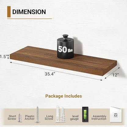 Vivelove Floating Shelves for Wall 12 Inch Deep, 36" X 12" X 1.5" Floating Shelf, 2 Inch Thick Shelf for Living Room Bedroom Kitchen Office, Rustic Farmhouse Decor Set of 2, Walnut