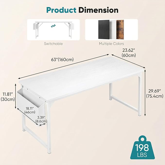OLIXIS Computer Desk, 63 Inch Home Office Desks for Small Spaces, Writing Craft Study Gaming Table for Bedroom, Modern Computer Workstation with Storage Bag, All White
