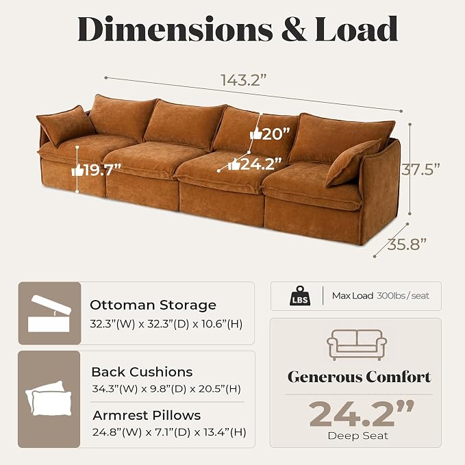 Cloud Modular Sofa, Oversized Deep Seat Comfort, Luxe Chenille | Fully Removable Washable Covers, Memory Foam Seat Cushions, Premium Fabric