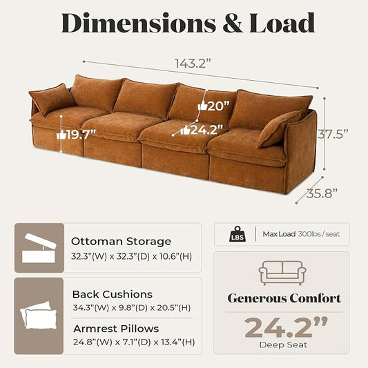 Cloud Modular Sofa, Oversized Deep Seat Comfort, Luxe Chenille | Fully Removable Washable Covers, Memory Foam Seat Cushions, Premium Fabric