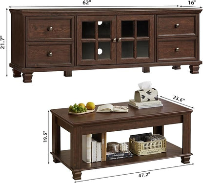 SAVOR LIFE Farmhouse Coffee Table and TV Stand Set of 2, Rustic Wood Living Room Table Set 2 with Center Table, TV Console for Living Room, Walnut