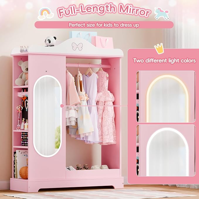 Xilingol Kids Armoire Dress Up Storage with Mirror, Kids Wardrobe Closet with Jewelry Cabinet and Storage Shelves, Open Hanging Armoire Costume Organizer for Bedroom (Pink)