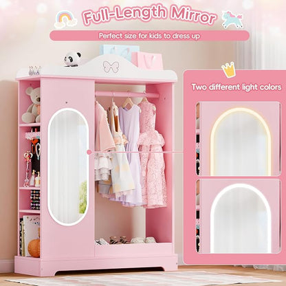 Xilingol Kids Armoire Dress Up Storage with Mirror, Kids Wardrobe Closet with Jewelry Cabinet and Storage Shelves, Open Hanging Armoire Costume Organizer for Bedroom (Pink)