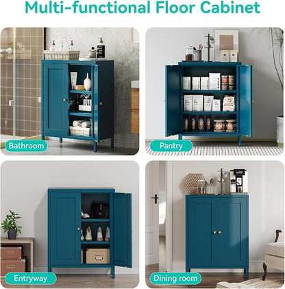 Metal Floor Storage Cabinet, Small Freestanding Sideboard Storage with 2 Adjustable Shelves for Bathroom Entryway Living Room Dining Room Coffee bar Kitchen,11.8"D x 23.6"W x 31.5"H,3-Tier,Teal Blue