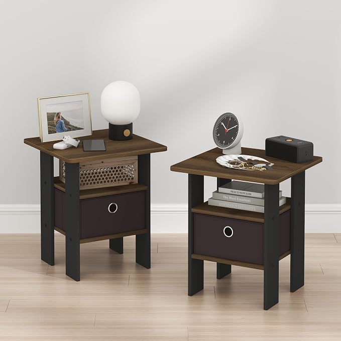 Furinno TIDUR Brown Night Stand Set of 2, Nightstand, Columbia Walnut | Open Shelf Design, Bedside Table, End Table, Side Table for Bedroom, Living Room