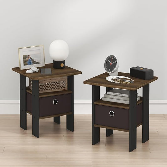 Furinno TIDUR Brown Night Stand Set of 2, Nightstand, Columbia Walnut | Open Shelf Design, Bedside Table, End Table, Side Table for Bedroom, Living Room
