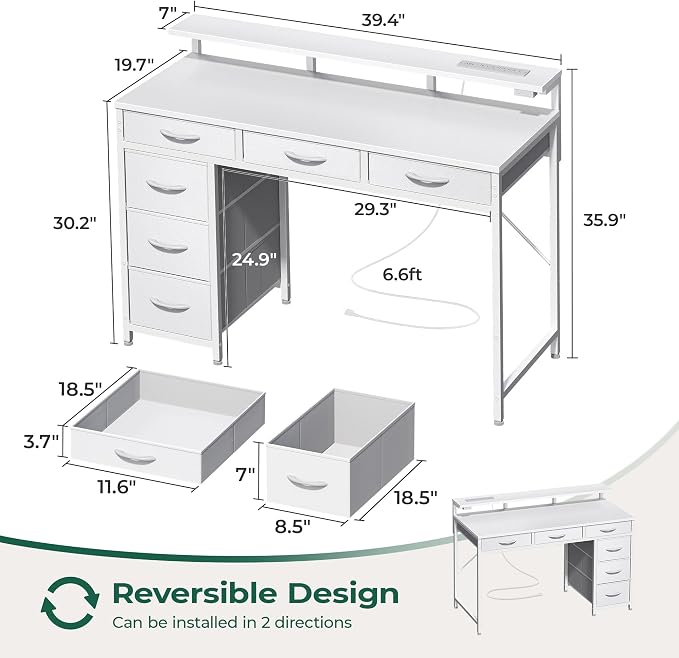 Huuger Gaming Desk with 6 Drawers, Computer Desk with LED Lights Power Outlets and Type-C, 39 Inch Office Desk with Storage, Monitor Stand, Writing Work Desk Home Office, Bedroom, White