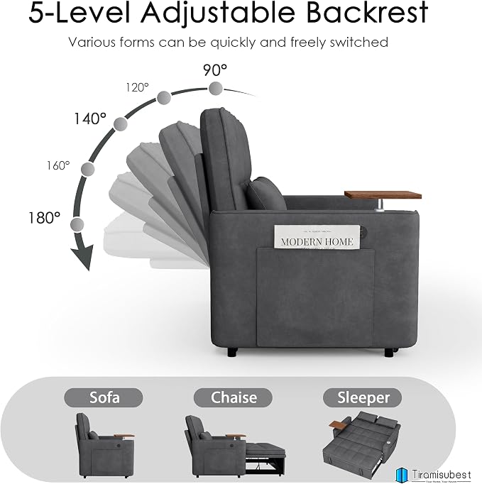 54'' Sleeper Sofa Bed, Convertible Pull Out Couch Futon for for Living Room,Apartment (Darkgrey) Side Desk, USB Ports, Cup Hold, Velvet Fabric, Adjustable Backrest, Easy Assembly