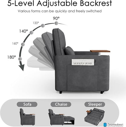 54'' Sleeper Sofa Bed, Convertible Pull Out Couch Futon for for Living Room,Apartment (Darkgrey) Side Desk, USB Ports, Cup Hold, Velvet Fabric, Adjustable Backrest, Easy Assembly