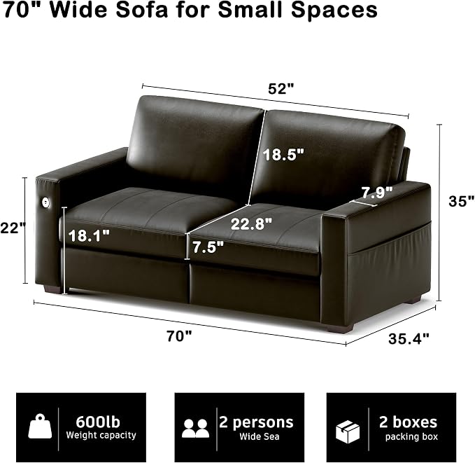 Hanherry Faux Leather 70" Sofa for Living Room, Modern Comfy Couch with Medium Firm Seat Cushion, Removable Cover,Wide Armrest,USB/Type-C Port,Couches for Small Space,Apartment