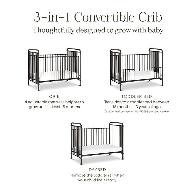 Namesake Abigail 3-in-1 Convertible Metal Crib in Vintage Iron, Greenguard Gold Certified | GREENGUARD Gold Certified, Converts to Toddler Bed & Daybed, 4 Adjustable Mattress Heights, Conversion Kits Sold Separately