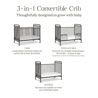Namesake Abigail 3-in-1 Convertible Metal Crib in Vintage Iron, Greenguard Gold Certified | GREENGUARD Gold Certified, Converts to Toddler Bed & Daybed, 4 Adjustable Mattress Heights, Conversion Kits Sold Separately