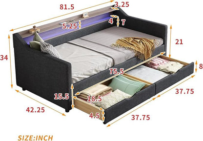 Twin Size Upholstered Daybed with Two Storage Drawers & USB | Dark Grey Linen Fabric,Two Drawers, 2-Tier Storage Shelf, USB Charging Port, LED Light, For Bedroom Apartment
