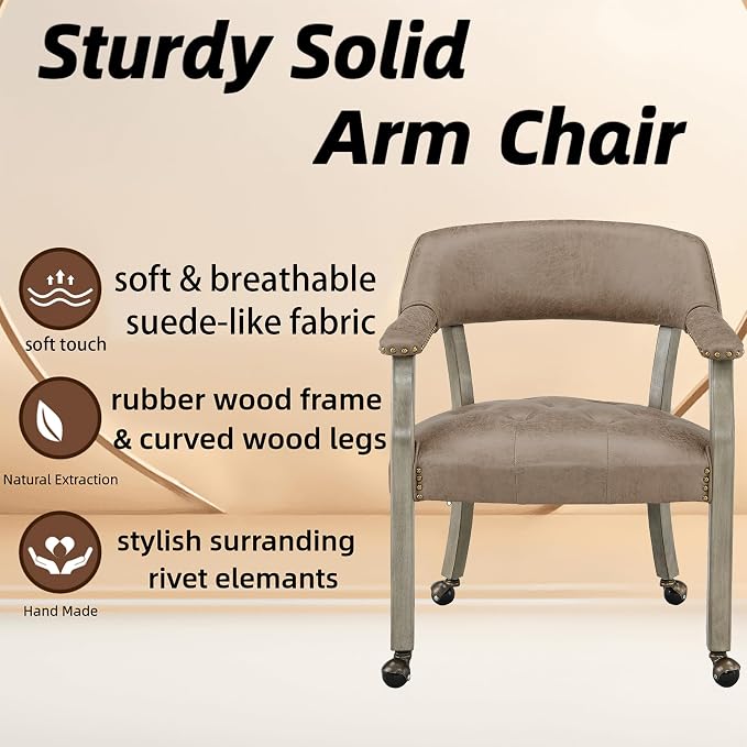 LEEMTORIG Set of 8 Dining Chairs with Casters and Arms, Rolling Dining Chairs with Wheels for Elderly, Ergonomic Wide Seat Wood Office Chairs, 26"Dx25.2"W, Grey Legs&Yellowish Brown Fabric SY-1318-LT