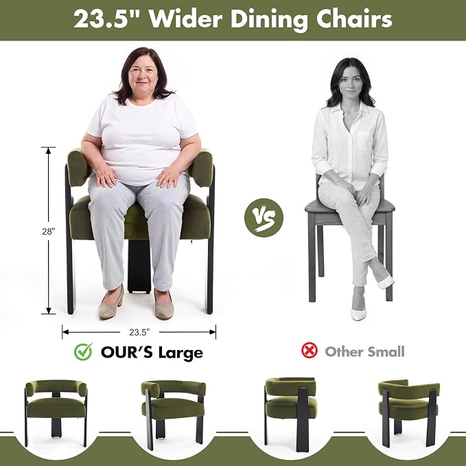 Hyfirm Modern Dining Chairs Set of 4, Upholstered Velvet Barrel Accent Chairs with Backrest & Arms, Wide and Thicker Padded Kitchen Side Chair with Wooden Legs for Dining Room, Livingroom, Dark Green