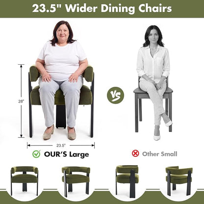 Hyfirm Modern Dining Chairs Set of 4, Upholstered Velvet Barrel Accent Chairs with Backrest & Arms, Wide and Thicker Padded Kitchen Side Chair with Wooden Legs for Dining Room, Livingroom, Dark Green