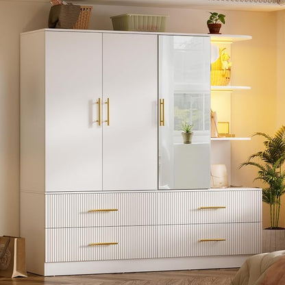 PAKASEPT 3 Door Armoire Wardrobe Closet, 70.87" H Bedroom Armoires with Drawers, Mirror, LED Light, Hanging Rod, Side Hooks, Large Capacity Storage Wardrobe Armoire for Bedroom