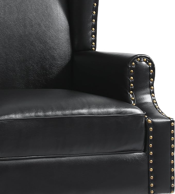 Pia Ricco Set of 2 Faux Leather Accent Chairs, High Back Wingback Armchairs with Retro Floral Design, Nailhead Trim & Solid Wood Legs for Living Room Bedroom (Black)