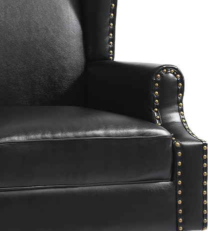 Pia Ricco Set of 2 Faux Leather Accent Chairs, High Back Wingback Armchairs with Retro Floral Design, Nailhead Trim & Solid Wood Legs for Living Room Bedroom (Black)