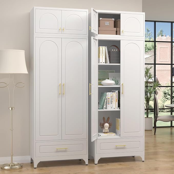 SteeLoong Kitchen Pantry Cabinet，90" Storage Cabinets with Doors and Shelves,Metal Pantry Cabinet with Drawers,White Kitchen Cupboard for Livingroom,Pantry, Bathroom