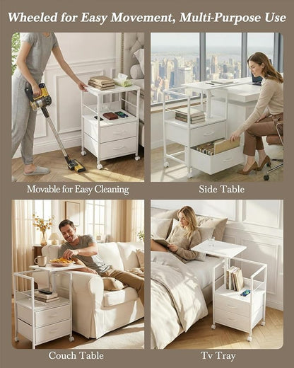 Faesun Swivel Lift Top Nightstand with Charging Station, Rolling Side Table for Recliner, Bedside Table with Wheels & 2 Fabric Drawers, for Small Spaces, for Bedroom, Living Room, White