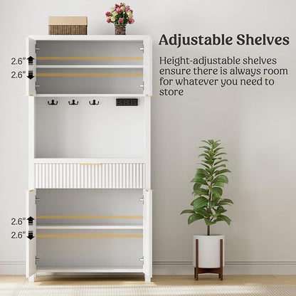 Lulive White Fluted Pantry Cabinet with Charging Station, Adjustable Shelves, Spacious Kitchen Storage Organizer with Open Countertop, Kitchen Hutch with Storage Drawers for Dining & Living Room | Adjustable Shelves, Open Countertop, Drawer, Spacious K...