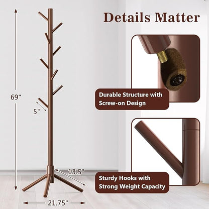 Wooden Coat Rack Freestanding with 8 Hooks,Easy Assembly New Zealand Pine Tree Coat Racks, 3 Adjustable Sizes for Clothes, Hats, Bags, for Entryway, Hallway, Bedroom, Office (Brown, 2 PCS)