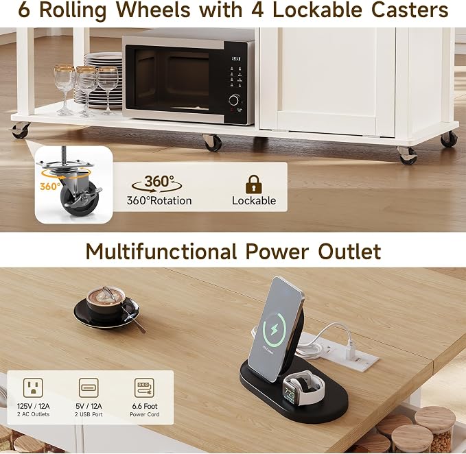 ONBRILL 56" Kitchen Island with Drop Leaf, Rolling Kitchen Cart with Trash Cabinet, Power Outlet, 2-Tier Open Shelves, 3 Drawers, Spice & Paper Towel Racks, 6 Wheels (4 Locking) for Dining Room, White