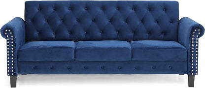 Furinno Bastia Vintage Modern Chesterfield Button Tufted 3-Seater Sofa Couch for Living Room, Navy Velvet