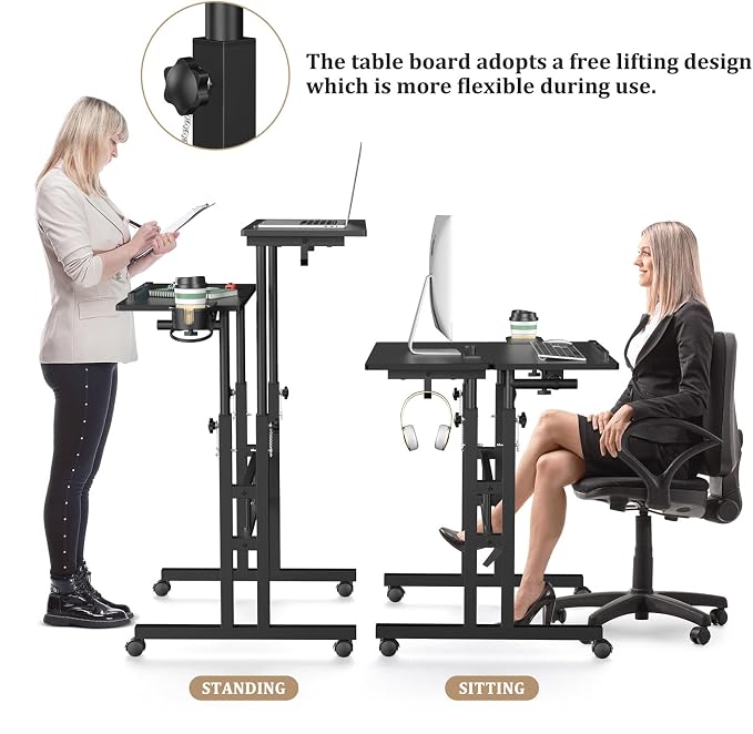 Enayplon Small Standing Desk with Wheels, Mobile Stand Up Desk, Portable Standing Table on Wheels for Walking Pad, Rolling Computer Desk Adjustable Height, Tall Table