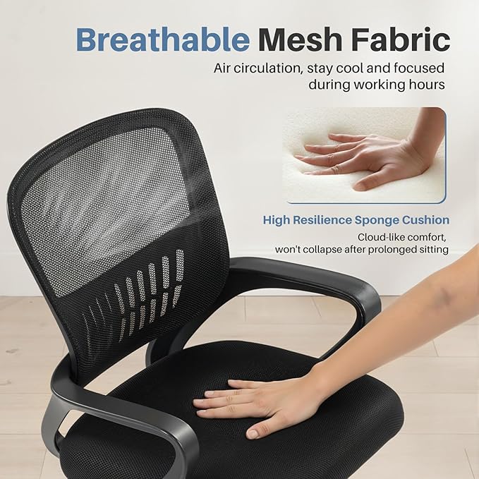 DUMOS Home Office Chair - Ergonomic Mid Back Mesh Desk Chair with Lumbar Support & Rocking Mode, Height Adjustable, Fixed Armrest, for Conference, Computer, 360° Swivel, Adults, Black