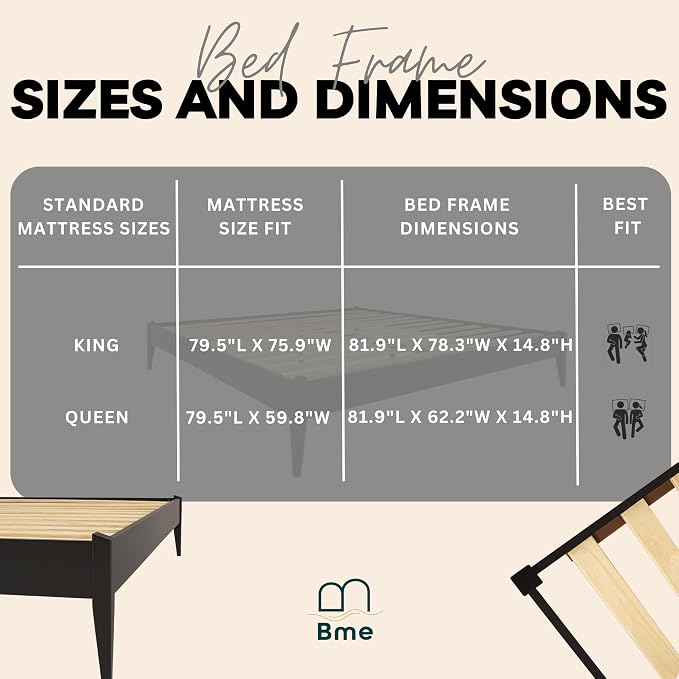 Bme Dinkee King Platform Bed Frame Wood 15 Inch - Solid Wood Bed Frame - Modern & Minimalist Style - 12 Strong Wood Slat Support - Easy Assembly - No Box Spring Needed - Black
