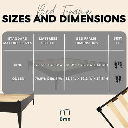 Bme Dinkee Queen Platform Bed Frame Wood 15 Inch - Solid Wood Bed Frame - Modern & Minimalist Style - 12 Strong Wood Slat Support - Easy Assembly - No Box Spring Needed - Black