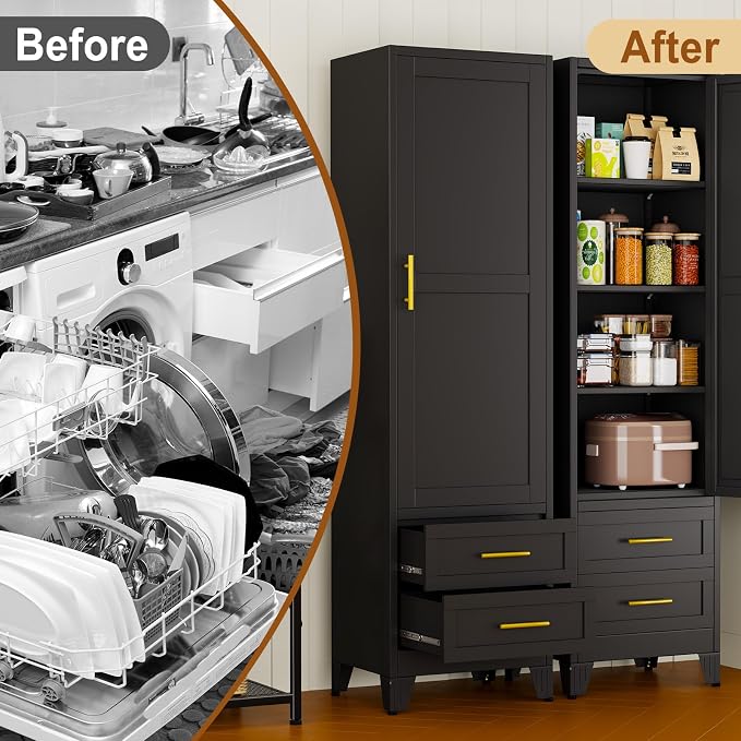 Tall Metal Narrow Storage Cabinet 67" H with 2 Drawer, Black Pantry Cabinets with 2 Adjustable Shelves and Door,Tall Bathroom Cabinet for Kitchen, Home Office, Living Room, Dining Room