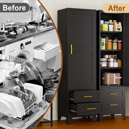 Tall Metal Narrow Storage Cabinet 67" H with 2 Drawer, Black Pantry Cabinets with 2 Adjustable Shelves and Door,Tall Bathroom Cabinet for Kitchen, Home Office, Living Room, Dining Room