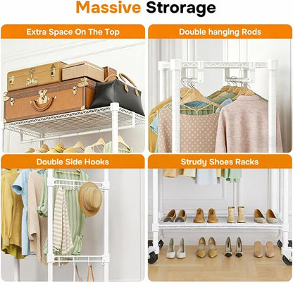 Simple Deluxe Rolling Clothes Rack, Heavy Duty Clothing Rack, 3-Shelf Portable Adjustable Wardrobe Closet with Wheels, Hanging Rods & Side Hooks, 43.3" W x 17.7" D x 80.3" H, White