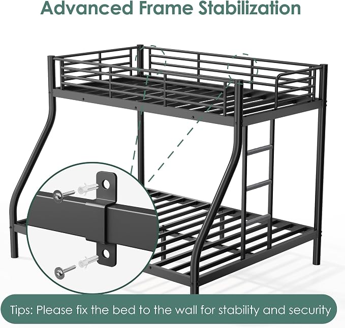 Bunk Beds Twin XL Over Full Size with 6" Mattresses Included, All-in-One Bunk Bed for Kids/Adults, Heavy Duty Sturdy Frame with Ladder Guardrail, with Memory Foam Mattresses, Black