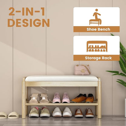 Entryway Shoe Storage Bench, 2-Tier Wood Shoe Rack with Cushion, Padded Seat Entryway Organizer with Shelf & Hidden Storage for Entry, Hallway, Living Room, Bedroom, Closet (Natural, 31.5")