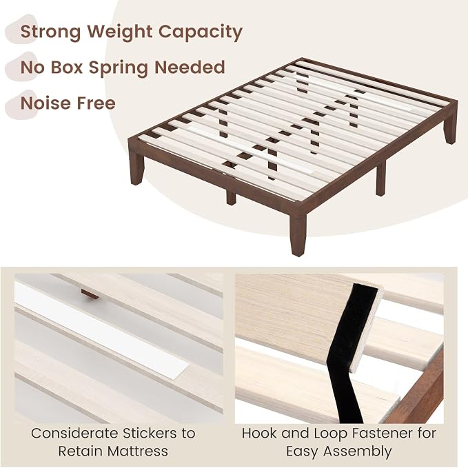 Giantex 14 Inch Queen Wood Platform Bed Frame, Minimalist Style Mattress Foundation with Solid Rubber Wood, Heavy Duty Slat Support, Without Headboard, Easy Assembly, No Box Spring Needed, Walnut