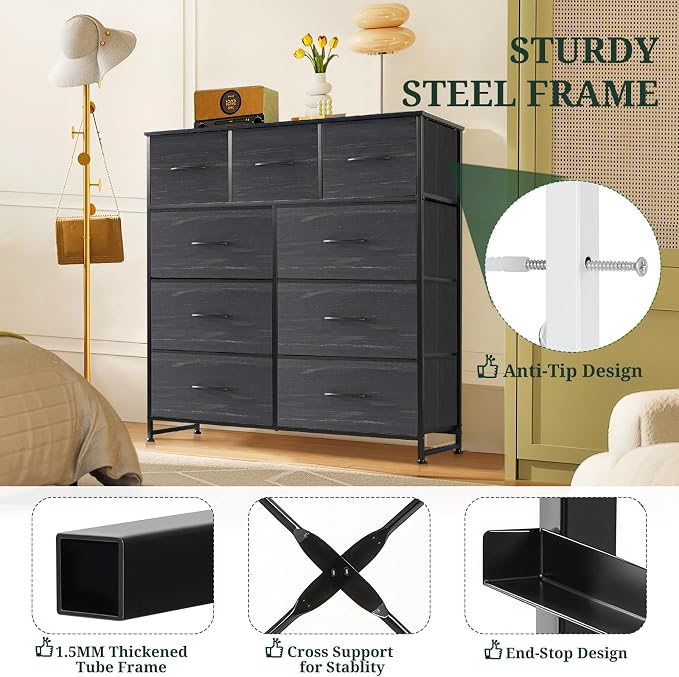 9-Drawer Dresser for Bedroom, Anti-Tip Tall Storage Organizer Chest of Drawers with Wooden Top and Metal Frame Fabric Bins for Closet, Living Room, Hallway, Entryway, Charcoal Black