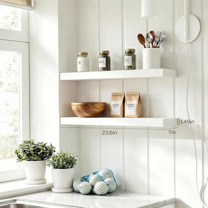 White Floating Shelves for Wall, 23.6'' Wall Mounted Shelves for Bathroom,Bedroom,Living Room,Kitchen&Office,Set of 2