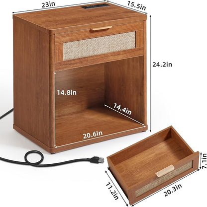 LEYAOYAO Rattan Nightstands Set of 2 with Charging Station, Tea Brown Night Stand with Drawer, 23" Wide Boho Bedside Table with Storage Shelf, Bed Side End Tables for Bedroom, Living Room, Hallway