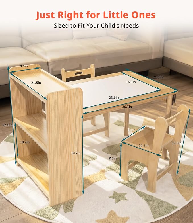 JOIN&JOY Kids Art Table and 2 Chair Set, Multifunctional Craft Table with Storage Shelves, Toddler Activity for Creativity, Drawing, Learning & Playtime
