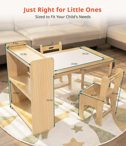JOIN&JOY Kids Art Table and 2 Chair Set, Multifunctional Craft Table with Storage Shelves, Toddler Activity for Creativity, Drawing, Learning & Playtime