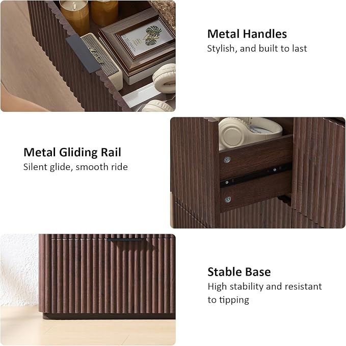 Dresser for Bedroom with 6 Drawers, 54"W Chest of Drawers, Fluted Dresser with Faux Marble Top, Curved Profile Design, Metal Handle, Wood Closet Storage Organizer for Living Room, Hallway, Dark Oak